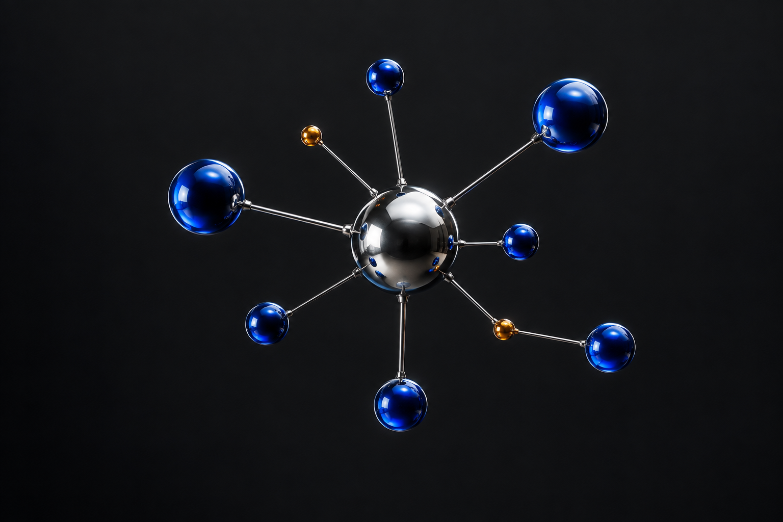 A central chrome node linked to blue satellite nodes, representing connected enterprise data.